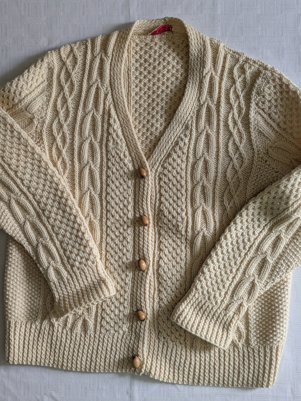 Vintage Hand-Knitted Ivory Aran Cable Knit Sweater Cardigan